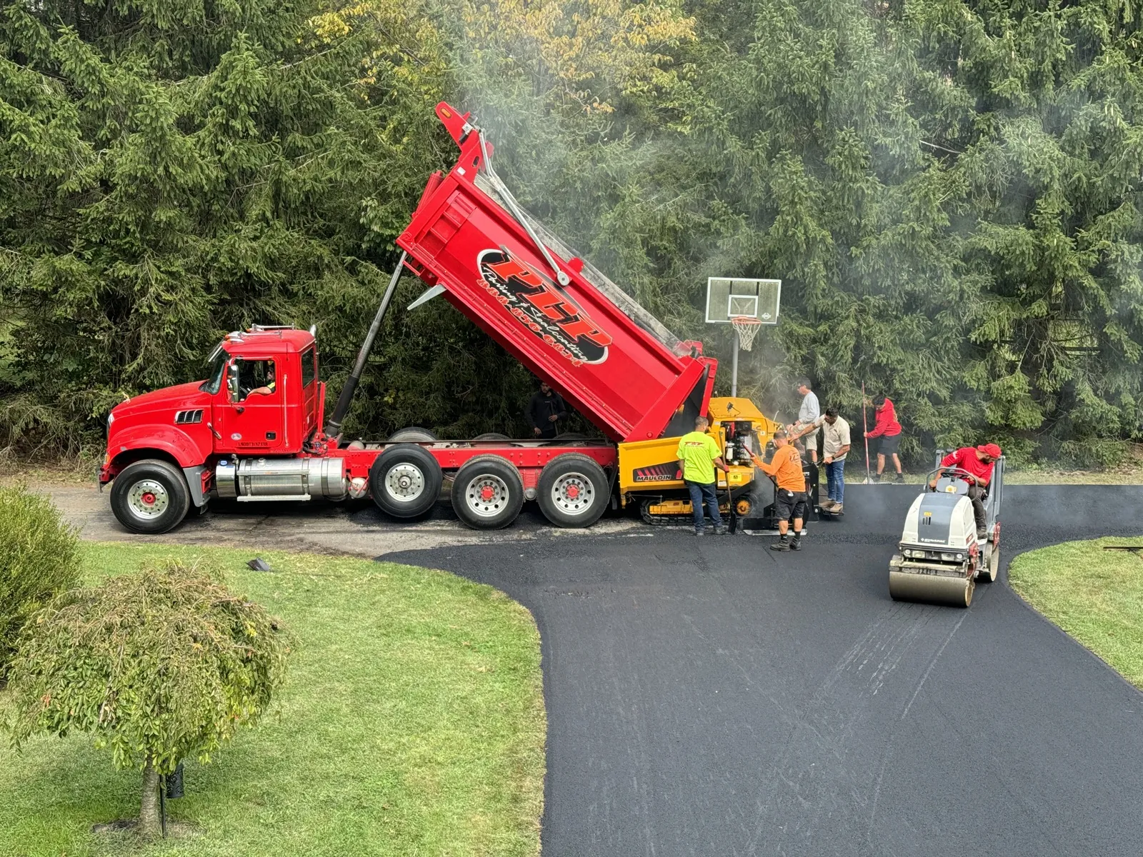 RED ALL COUNTY DUMP TRUCK + paver, full crew, All County Paving NJ and PA