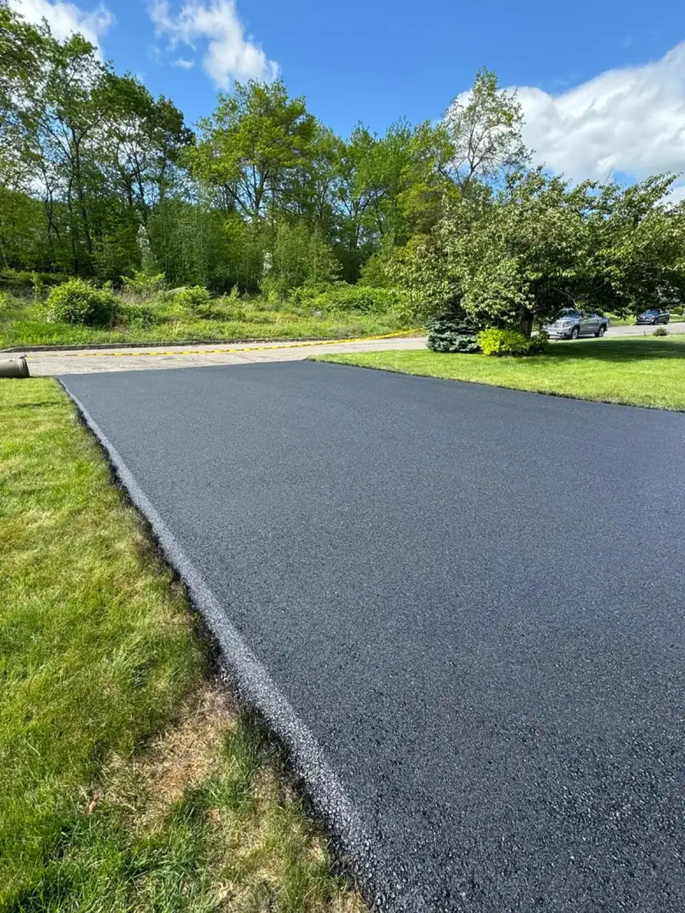 Wide finished driveway with mature trees, paved by All County Paving in New Jersey